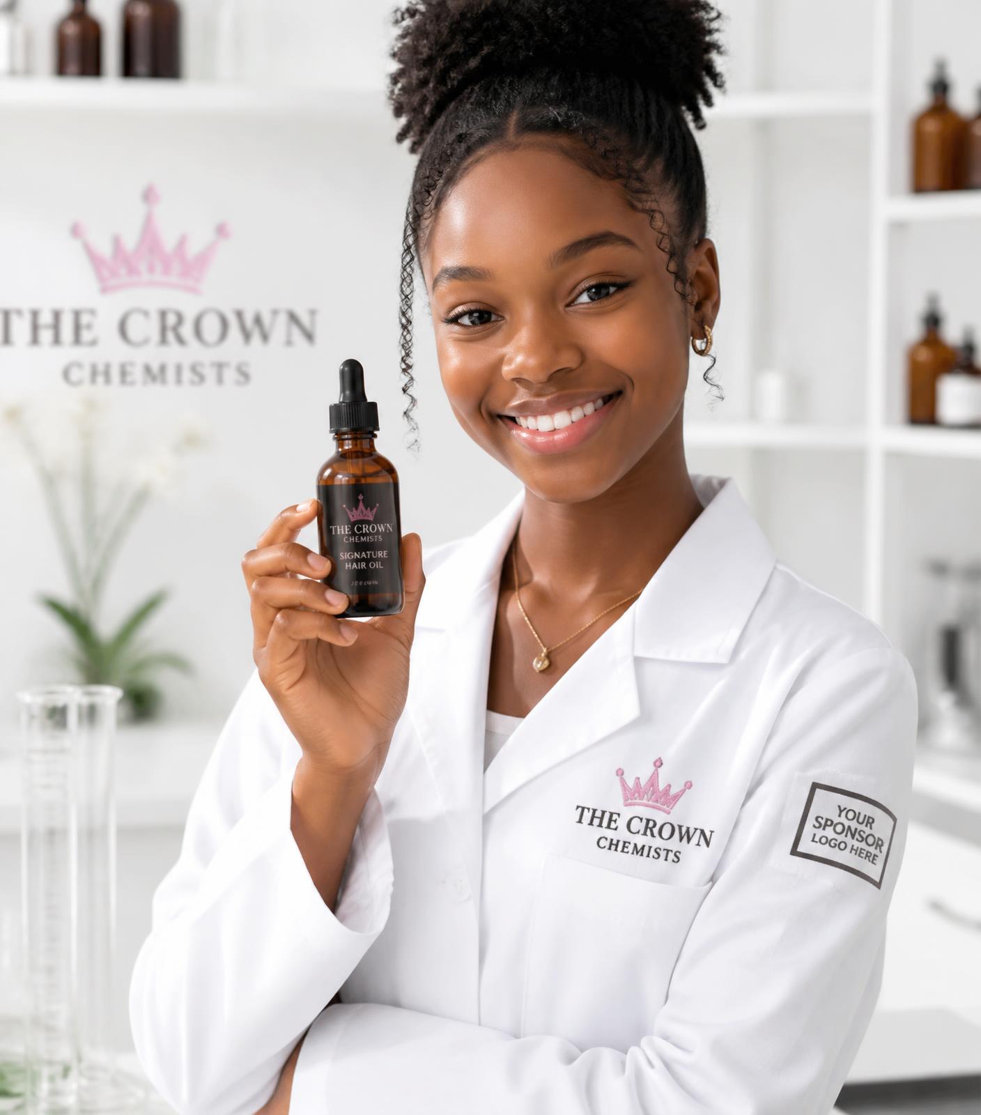 A smiling Crown Chemist proudly holding her finished signature hair oil
