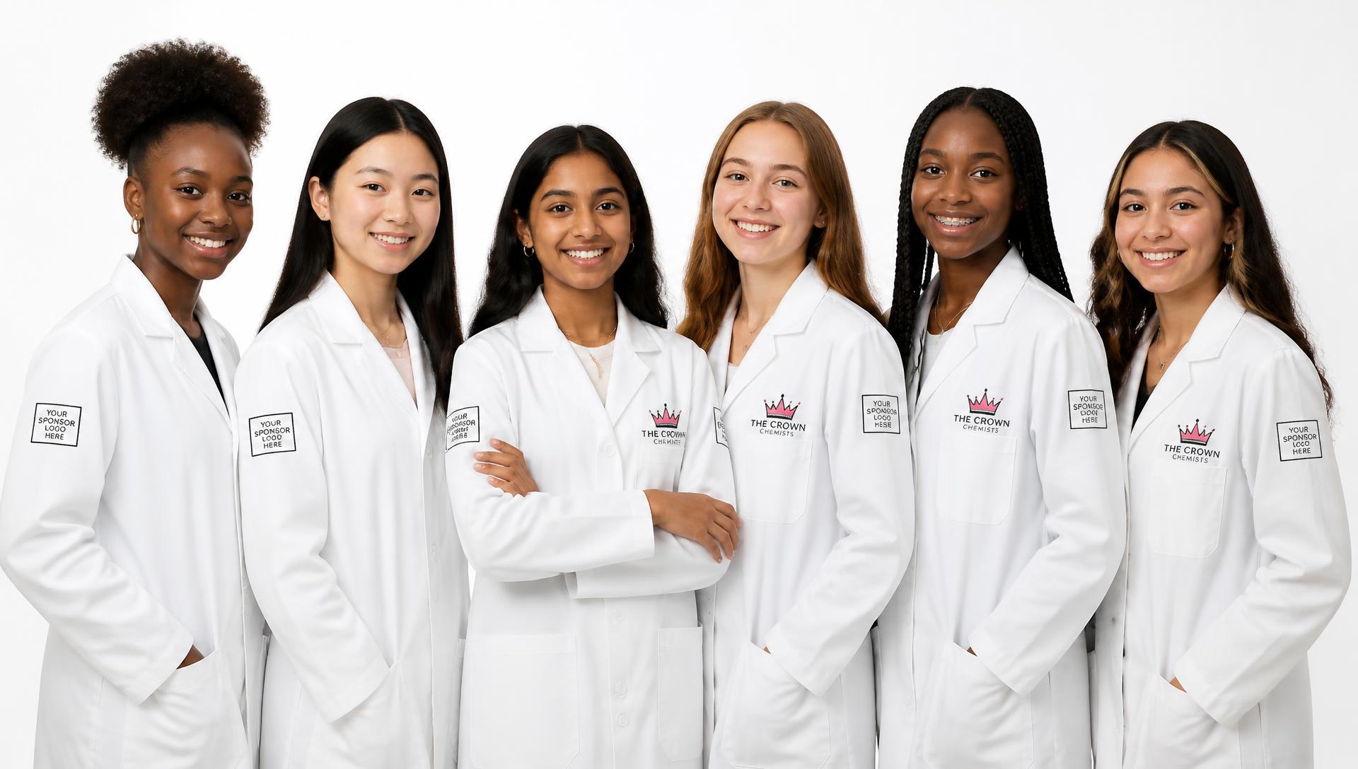 A diverse group of girls proudly wearing their Crown Chemists lab coats