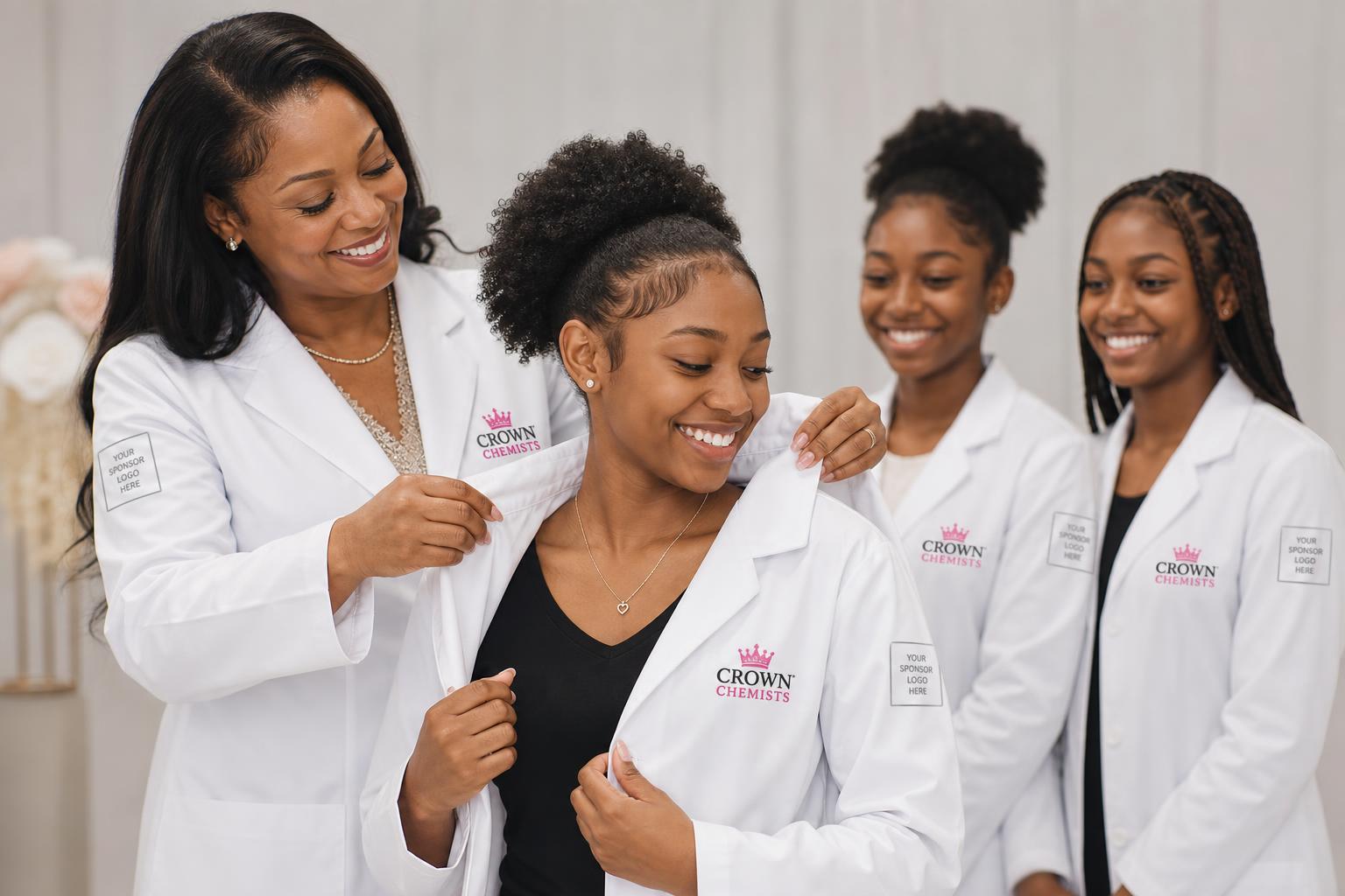 Girls putting on their Crown Chemists lab coats during The Coating Ceremony