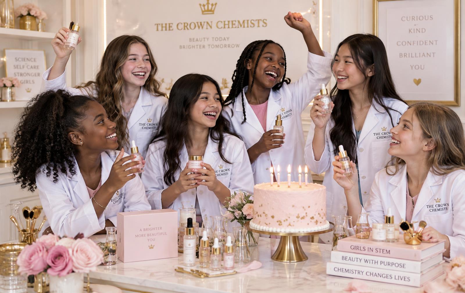 Girls in The Crown Chemists™ white lab coats celebrating with the beauty products they created