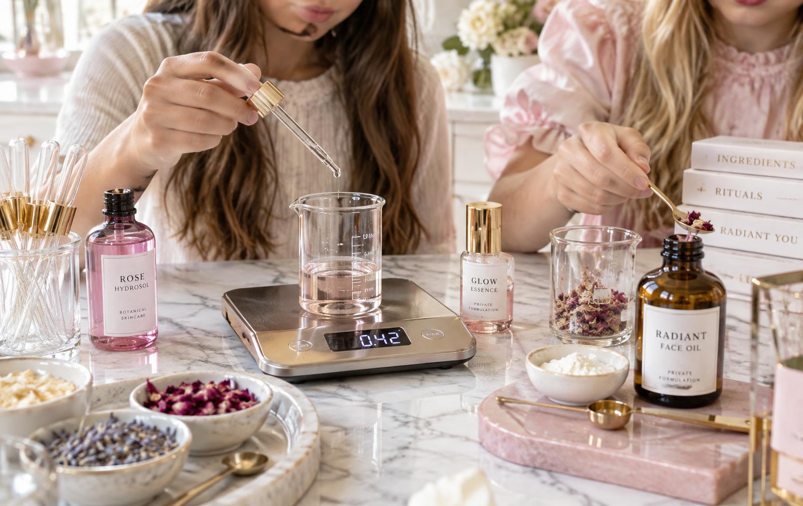 Girls measuring ingredients with a digital scale and droppers at a beautiful formulation table