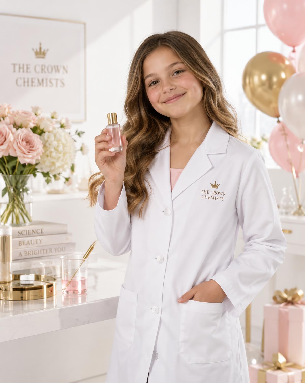 The birthday girl standing proudly in her Crown Chemists™ lab coat holding her creation