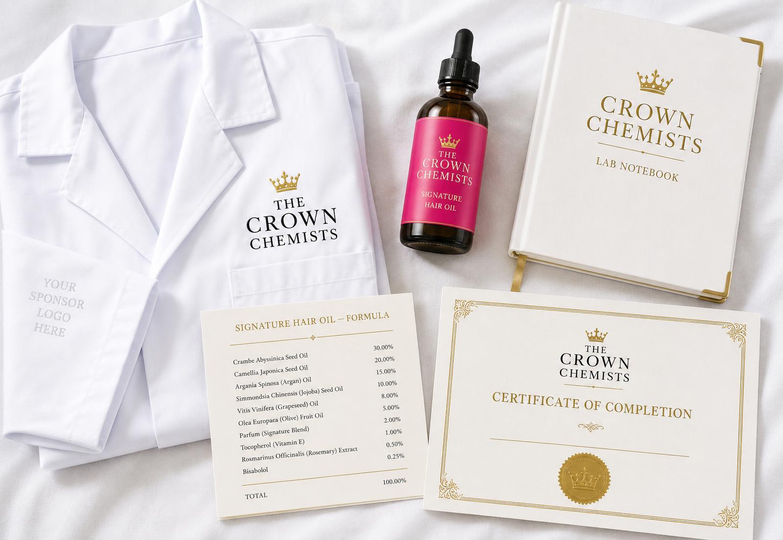 THE CROWN CHEMISTS branded lab coat, signature hair oil, formula card and certificate